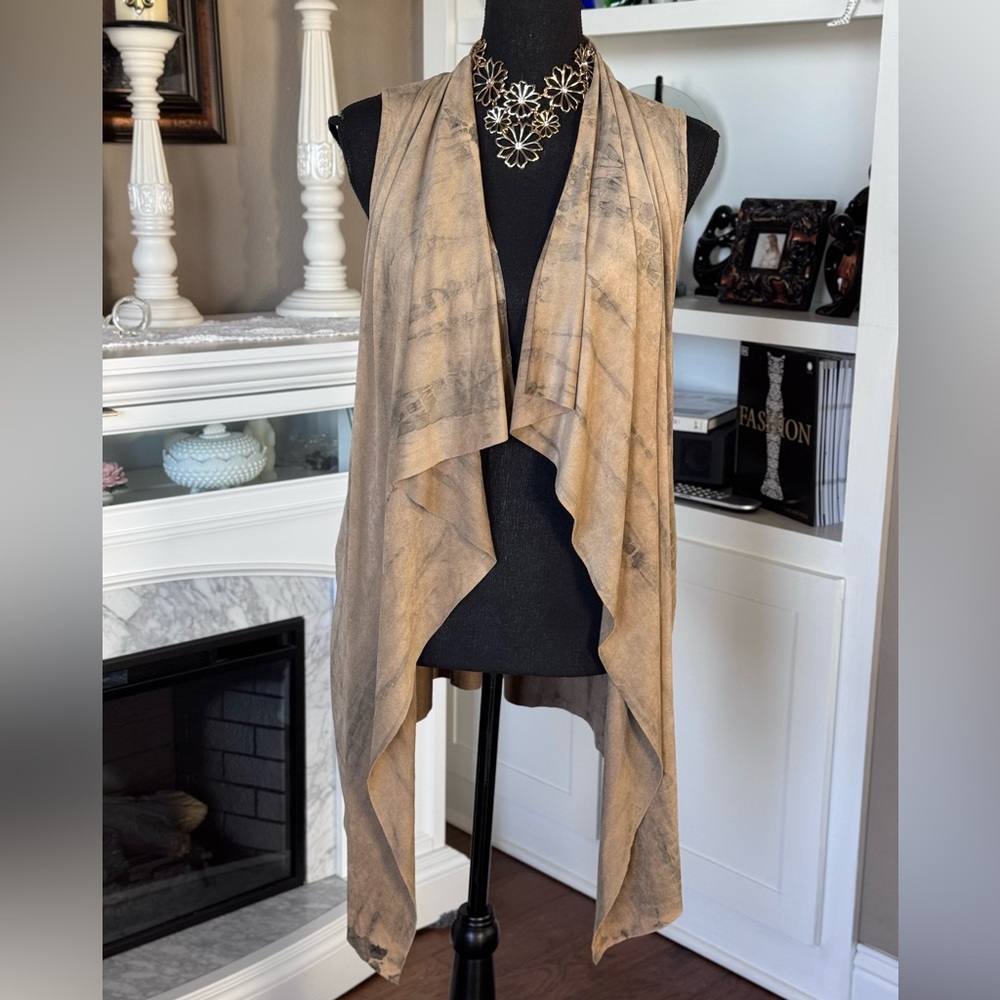Tan Faux Suede Sleeveless‎ Waterfall Cardigan Vest